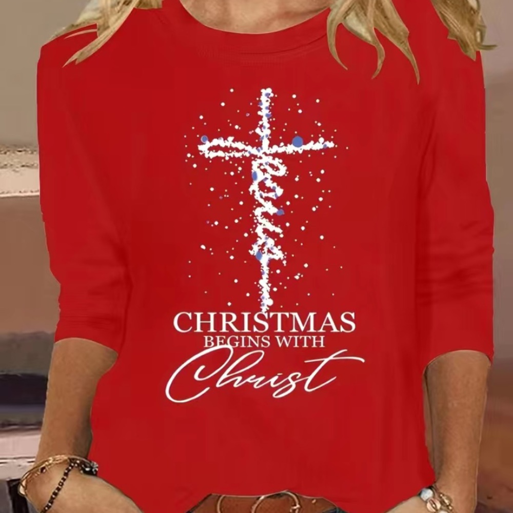 Red LS shirt Christian Catholic message: Christmas begins with Christ women L